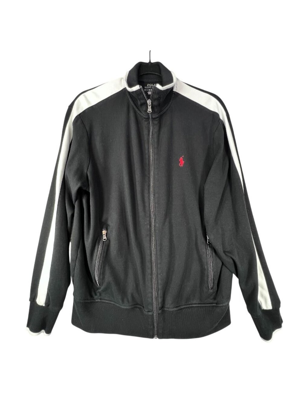 Polo Ralph Lauren Black Full Zip Jacket White Stripes Red Pony Logo Med Mens